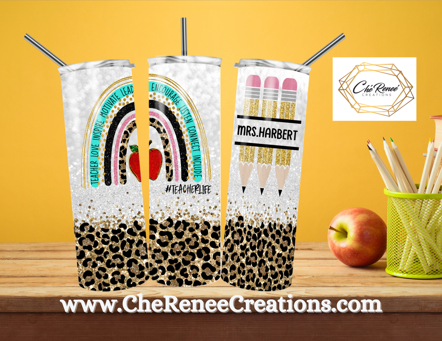 #Teacherlife Brown and Gold  Leopard Tumbler with Rainbows and Pencil detail 20oz Tumbler Customized with Name
