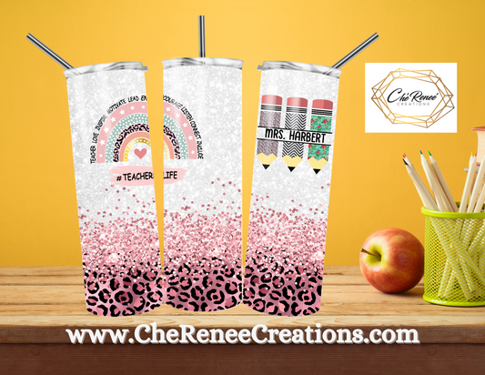 #Teachlife Pink Leopard with Rainbow and Pencil Detail 20 oz Tumbler