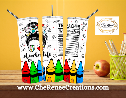 #Teacherlife with Crayon and Teacher Fact Detail 20 oz Tumbler Customized with Name