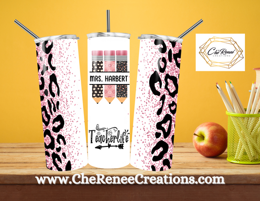 #Teachlife Pink Leopard with Pencil Detail 20 oz Tumbler Customized with Name