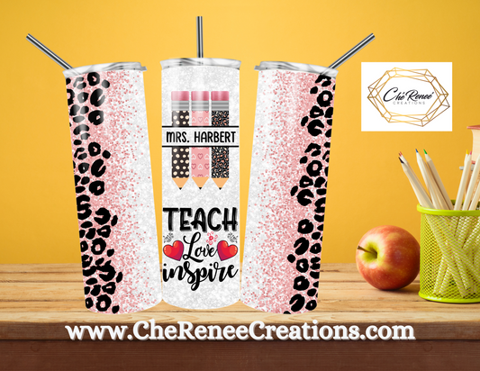 Teach Love Inspire Pink Leopard with Pencil Detail 20 oz Tumbler Customized with Name
